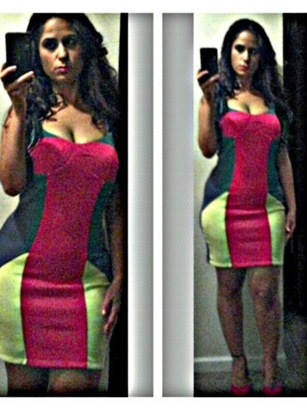 Bodycon Mini Dress in Pink and Lime Green